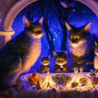 Five Fluffy Cats Feast Under Moonlit Archway