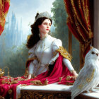 Regal woman in lavish gown with white owl by window and castle view