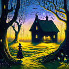 Illustration of person at glowing cottage in twilight forest with ducks and bats.