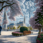 Futuristic city park with pink trees and whimsical architecture