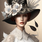 Elegant woman in wide-brimmed hat with white flowers and lace collar