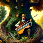 Bearded man plays large guitar-like instrument near tree with hanging pots