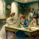 Victorian-era Apothecary Shop Scene with Chemists and Supervisor