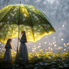 Vintage dresses: Two girls under large umbrella in blossoming field with rain and ethereal light