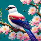 Colorful Bird Illustration Perched on Branch with Pink Flowers