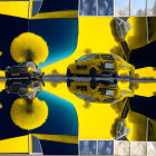 Yellow sports car and dandelions mirrored on abstract blue and yellow background