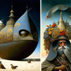 Surreal diptych: ornate vessel in desert & figure with bountiful hat and