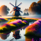 Traditional windmill by calm river with blooming flowers and misty trees at dawn or dusk