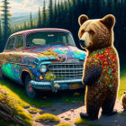 Colorful Bear and Cub with Classic Car in Sunlit Forest Clearing