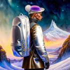 Futuristic silver jacket and purple hat against vivid mountain landscape