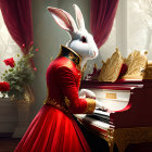 Anthropomorphic rabbit playing grand piano in historical attire