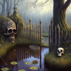 Enchanted forest with skulls, old fence, pond, and foggy ambiance