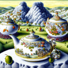 Whimsical landscape with porcelain teapots and cups amidst rolling hills