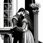 Monochrome illustration of couple in historical attire embracing by window.