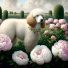 White Poodle Surrounded by Pink Flowers and Peonies in Surreal Garden