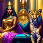 Regal woman with golden crown sitting next to leopard in luxurious setting