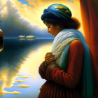 Surreal painting: Woman gazes at reflective surface with ships, clouds, and earth on hat