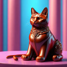 Stylized 3D-rendered seated cat figurine with ornate jewelry on pink and blue