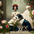 Vintage dresses: Two elegant women with a dog in a floral setting