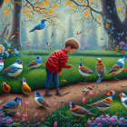 Child in Red Jacket Interacts with Colorful Birds in Vibrant Garden