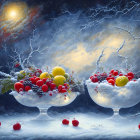 Colorful Fruit Bowls in Snowy Night Sky with Moon