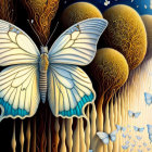 Detailed fantastical butterfly painting with whimsical trees.