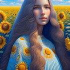 Digital artwork: Woman with long wavy hair in sunflower field