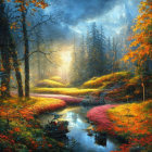 Colorful autumn forest with stream and sunlight rays