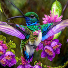 Colorful hummingbird near pink flowers in lush green setting