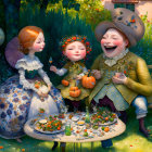 Whimsical garden picnic with stylized characters and autumnal decor