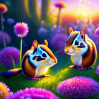 Vibrant Flowers Surround Animated Chipmunks in Colorful Meadow