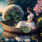 Woman in ornate boat surrounded by giant water lilies at twilight