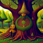 Surreal painting of man with tree body in forest