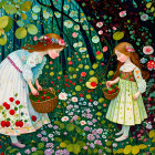 Two Women Picking Strawberries in Traditional Dresses