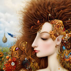 Surreal artwork of woman with golden headgear and temples.