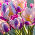 Colorful partially-opened tulip bouquet with purple accents under soft light