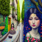 Colorful Diptych Illustration: Whimsical Street Scene and Girl with Blue Hair and Flowers