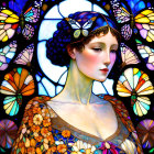 Colorful Digital Artwork: Woman Surrounded by Butterfly Stained Glass Halo