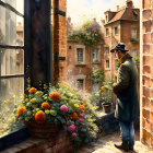 Man in vintage suit gazes at another man through window with vibrant flowers