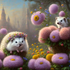 Fantasy illustration of a happy hedgehog in a vibrant floral setting with a misty castle.