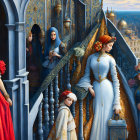 Seven women in historical dresses on ornate staircase with Venetian cityscape