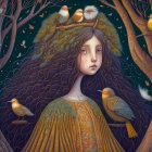 Woman with Long, Wavy Hair in Nature Setting with Birds and Intricate Patterns