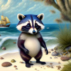 Whimsical painting of raccoon on beach with seashells, sailing ship, and tree