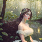 Illustration of woman with long brown hair by forested pond