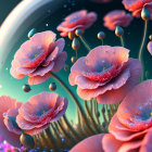 Vibrant coral-like flowers with dewdrops on spherical backdrop