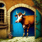 Illustration: Cow in doorway of stone cottage with blue doors, lush greenery.