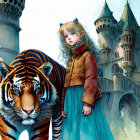 Young girl in vintage dress with large tiger by whimsical castle spires