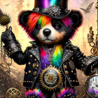 Colorful steampunk-themed panda illustration with rainbow fur and mace in detailed outfit