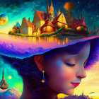 Colorful surreal artwork: Woman's profile merges with celestial landscape, whimsical buildings, sailing ship.