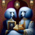 Anthropomorphic poodles in regal attire with box and book, lanterns, purple curtain.